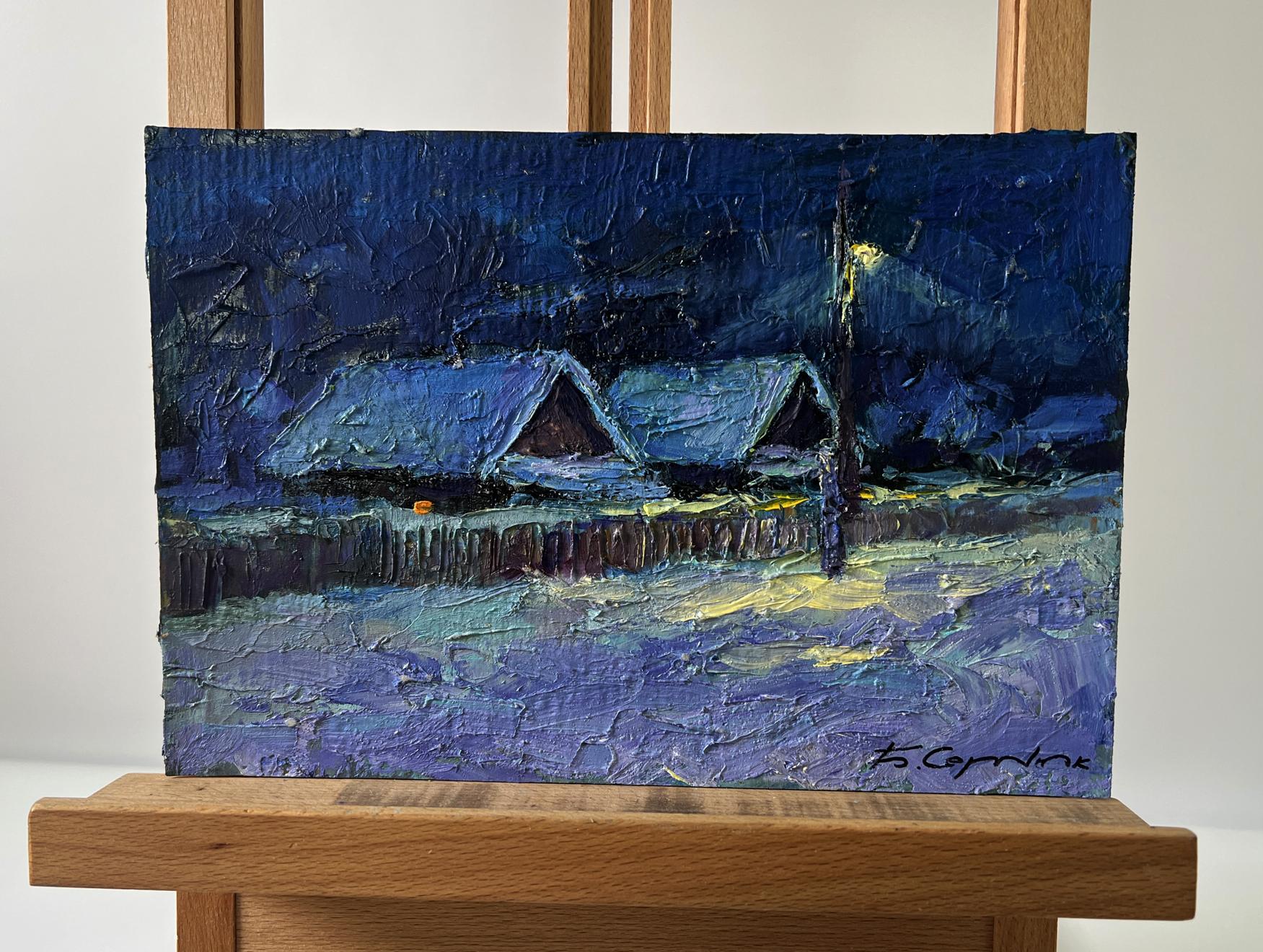 Oil painting Winter night in the village by Boris Serdyuk