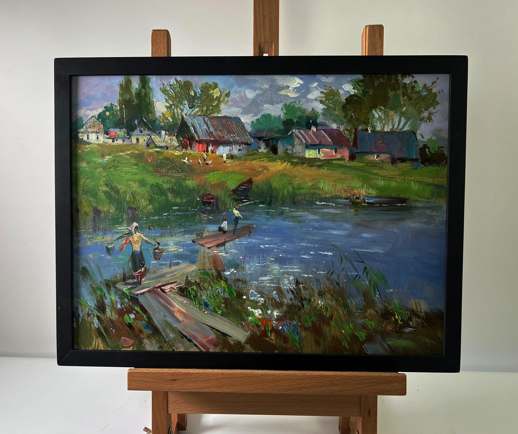 Oil painting Life by the village river by Yuriy Suprunchuk in black frame