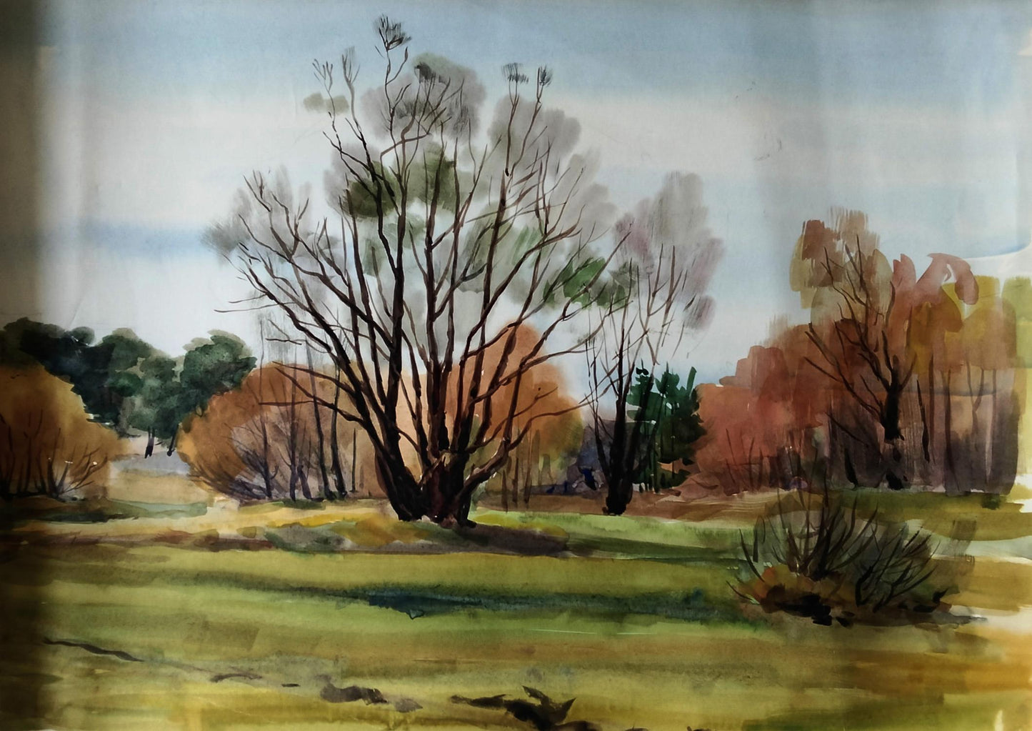 Autumn landscape watercolor by Vitaly Duhnevich, Earth awakens under sky