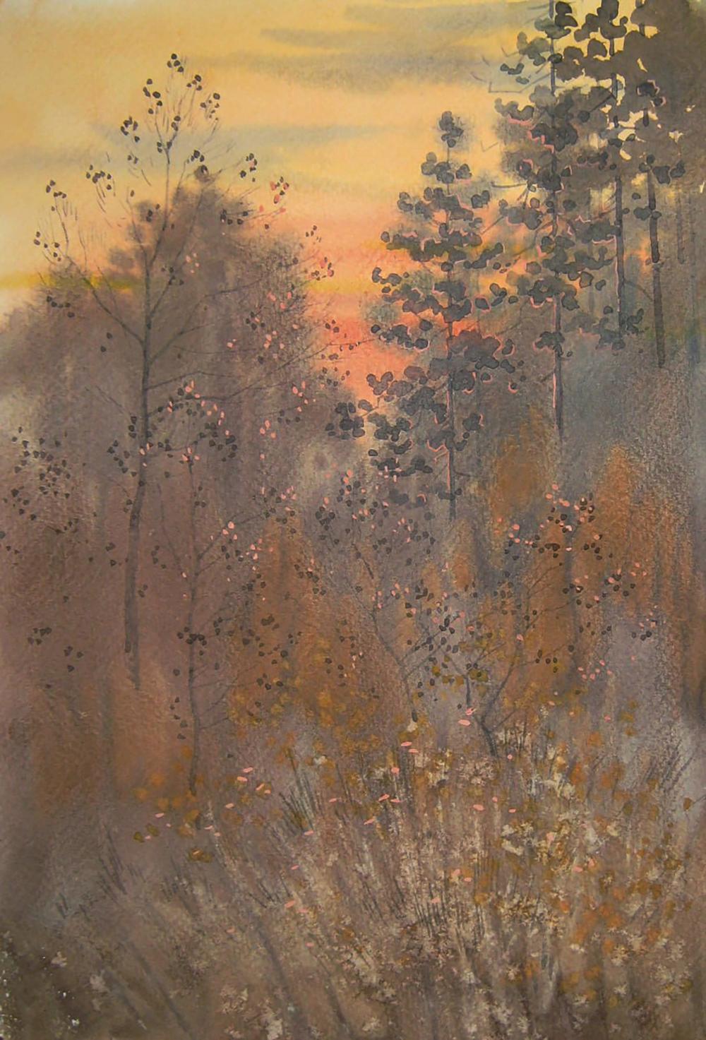 Watercolor painting Autumn twilight in the forest by Valery Savenets