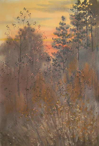 Watercolor painting Autumn twilight in the forest by Valery Savenets