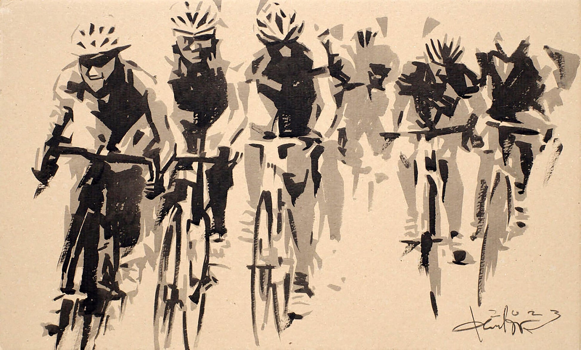 Black and white ink sketch of cyclists in motion by Dima Filatov