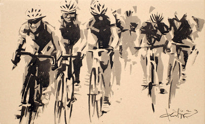Black and white ink sketch of cyclists in motion by Dima Filatov