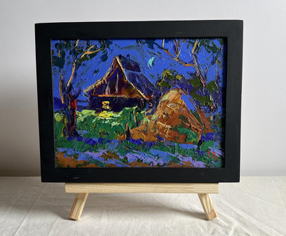 Oil painting Cozy moonlit night by Oleksiy Ivanyuk on wooden easel