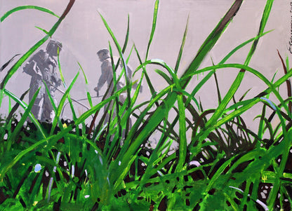 Oil painting Lawn Ed Potapenkov with vibrant green grass and faint figures