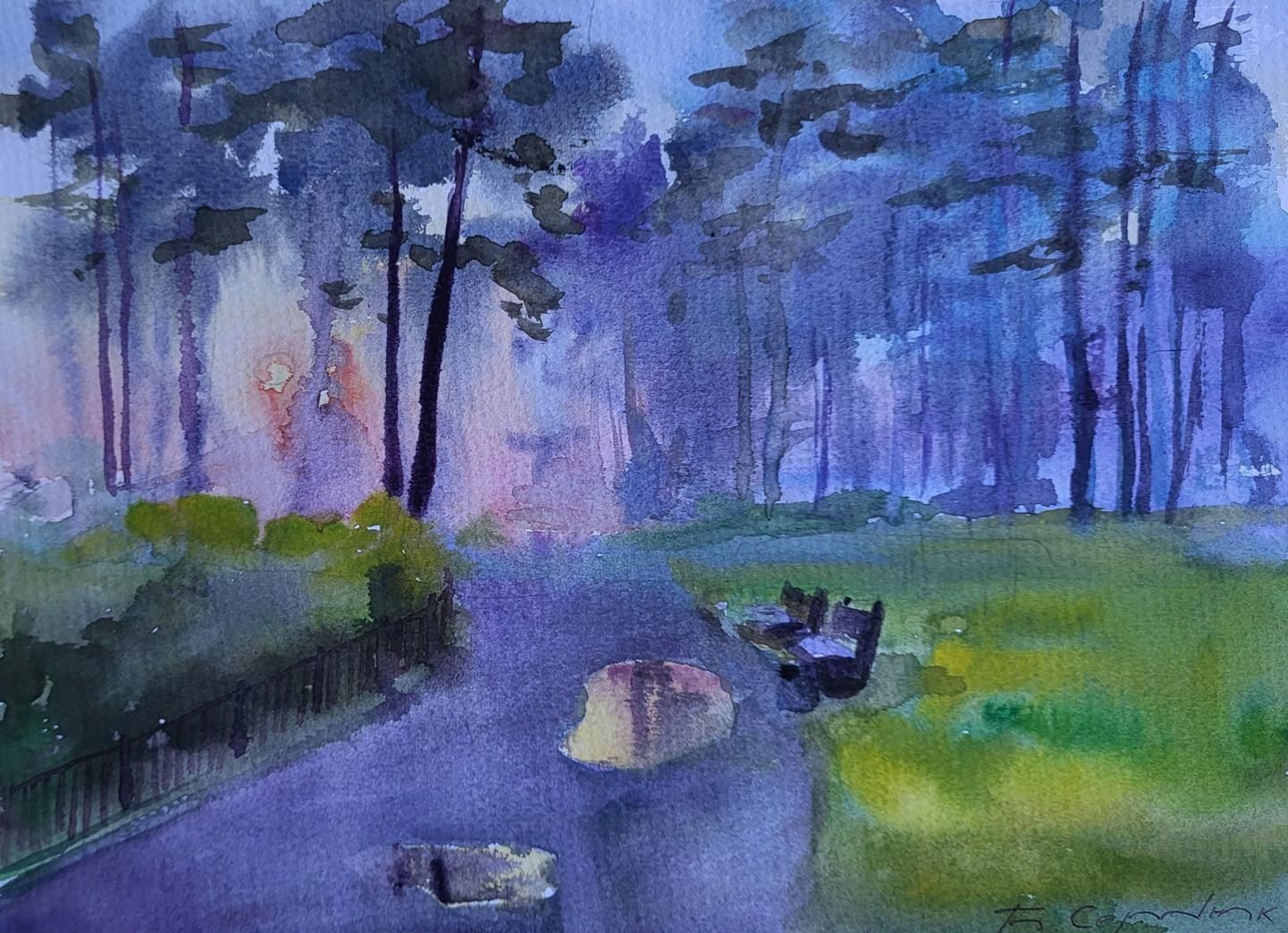 Watercolor painting Morning after rain by Boris Serdyuk, forest path at dusk