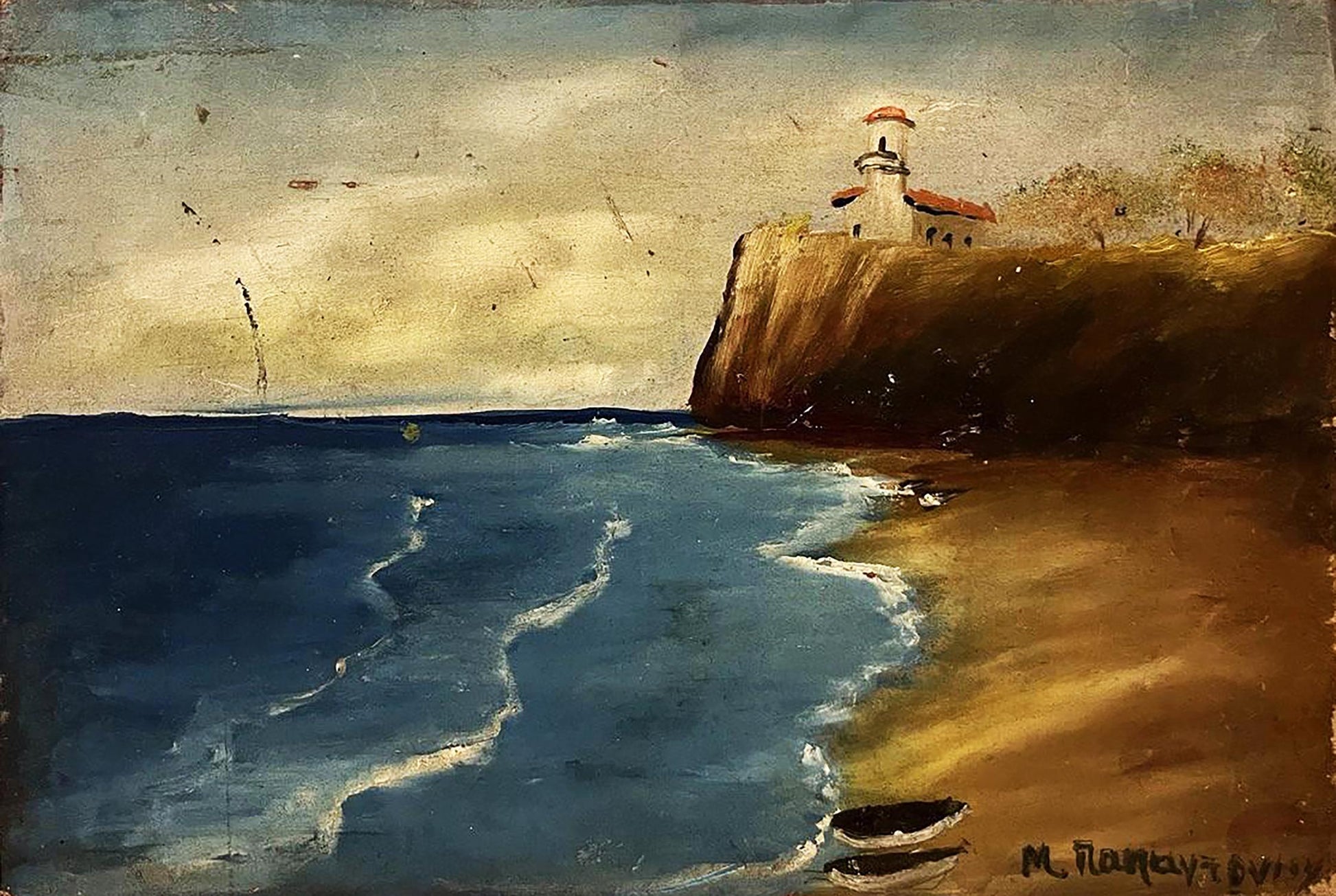 Oil painting of white lighthouse with red roof on rugged cliff by the ocean