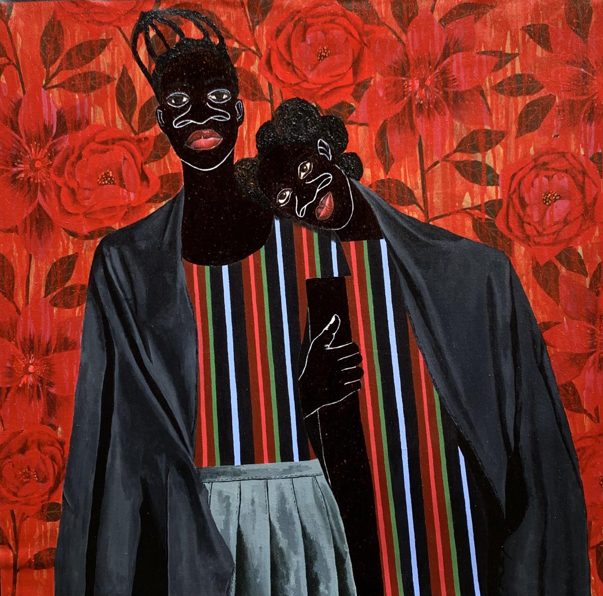 Stylized black silhouette painting Support Among the Red Flowers by Akintomide Akinshola