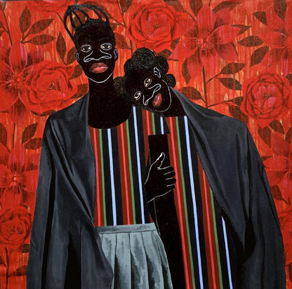 Stylized black silhouette painting Support Among the Red Flowers by Akintomide Akinshola