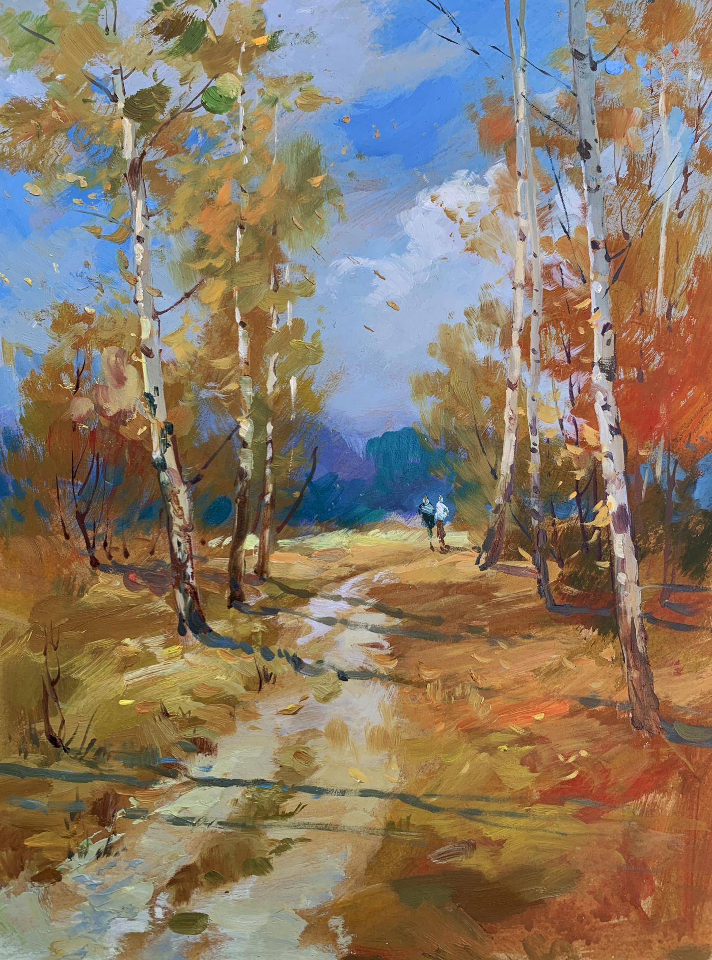 Oil painting of autumn birch forest path by Yuriy Suprunchuk
