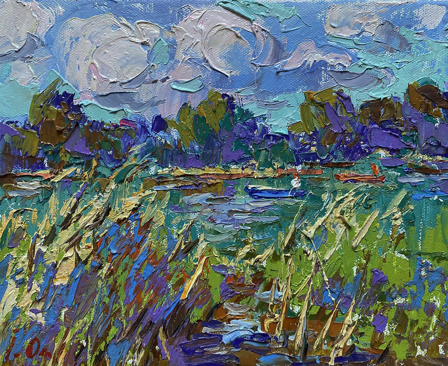 Vibrant impressionist oil painting Among the Reeds by Oleksiy Ivanyuk lakeside scene