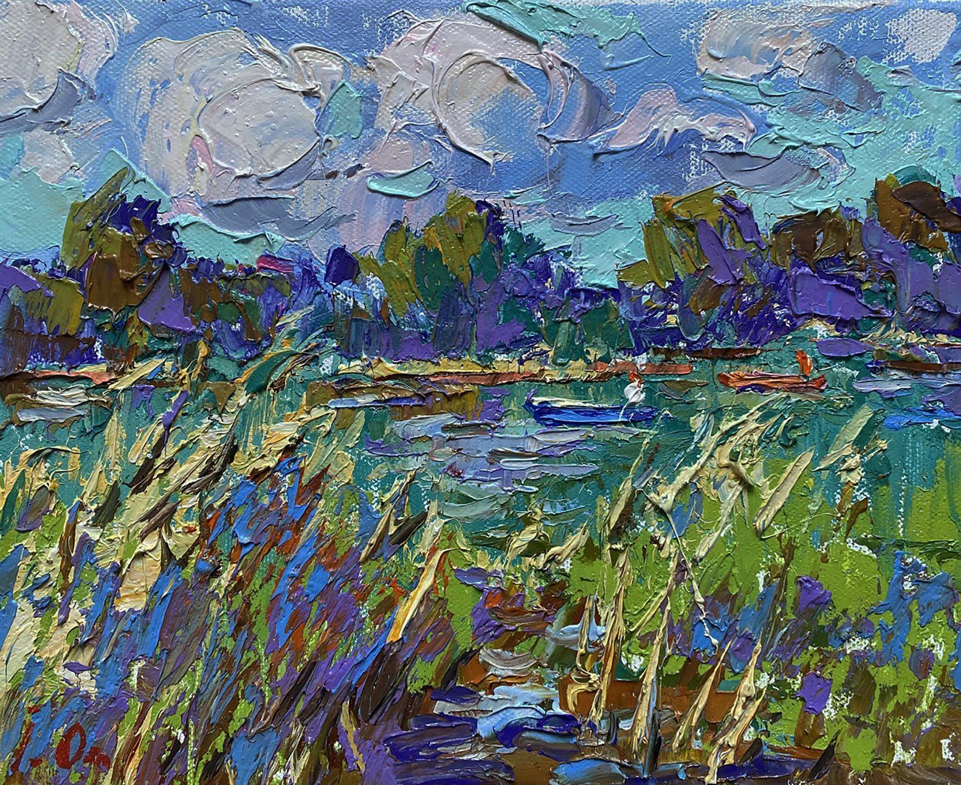 Vibrant impressionist oil painting Among the Reeds by Oleksiy Ivanyuk lakeside scene
