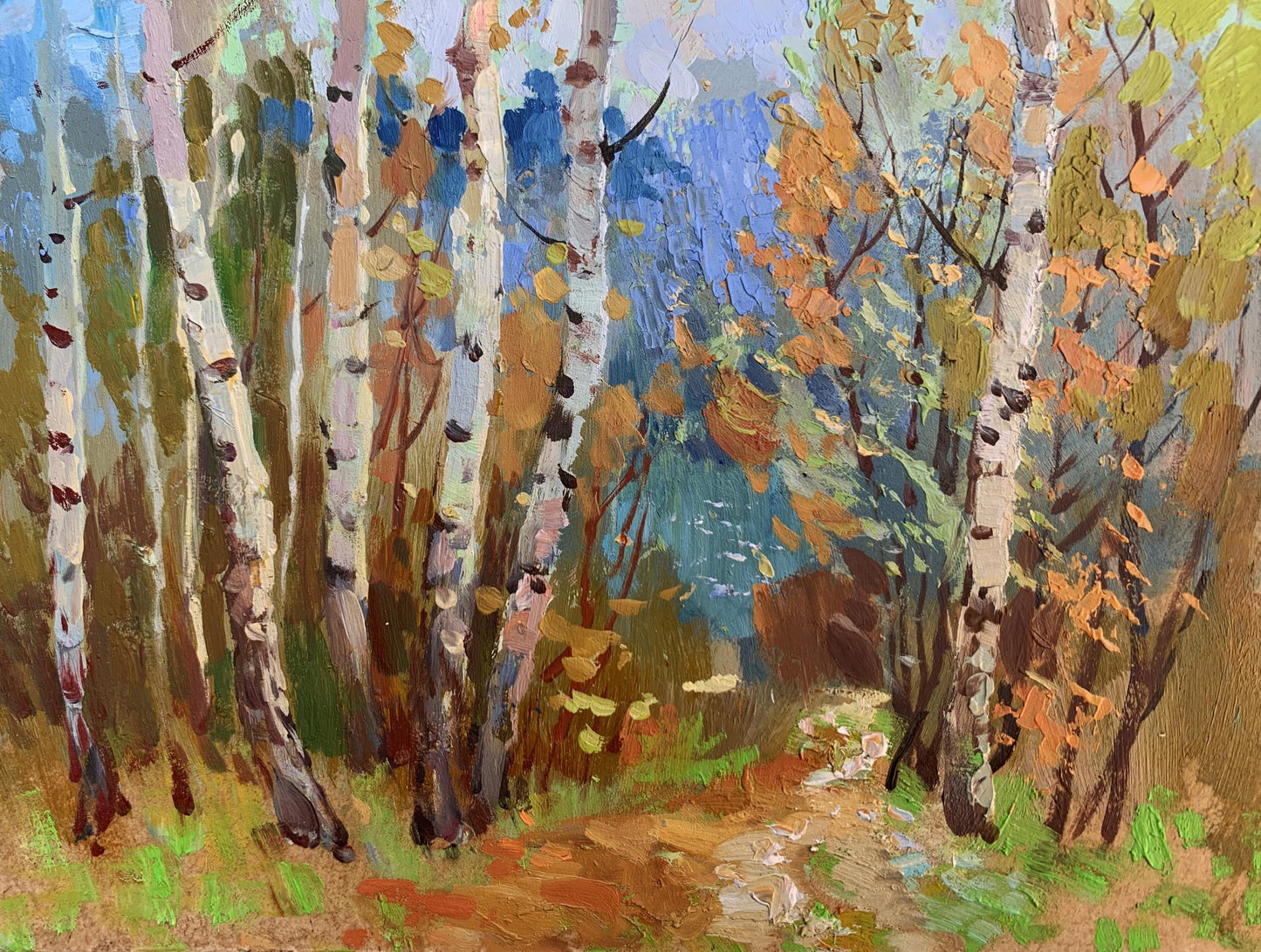 Vibrant oil painting of autumn birch grove by Yuriy Suprunchuk