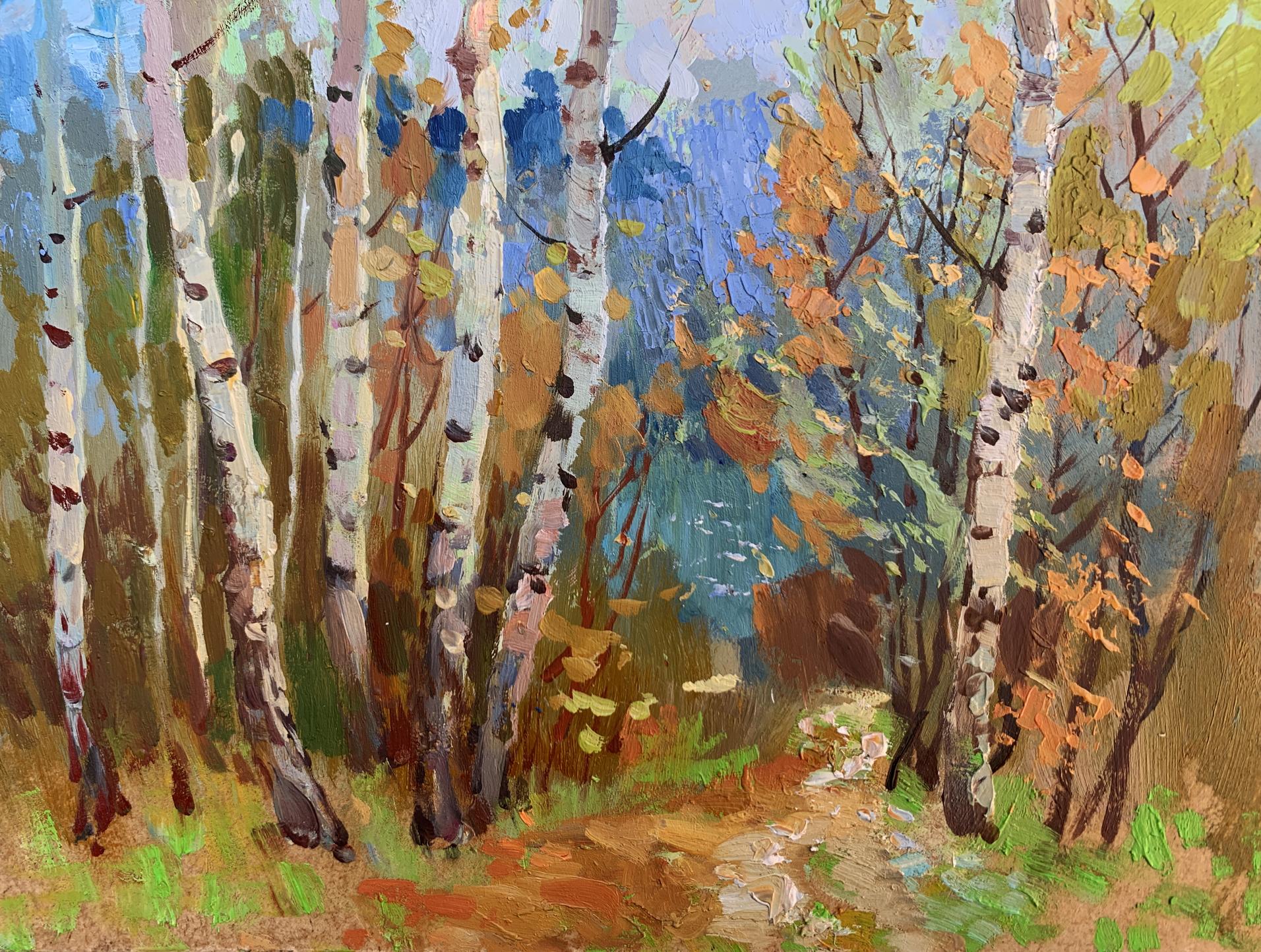Vibrant oil painting of autumn birch grove by Yuriy Suprunchuk