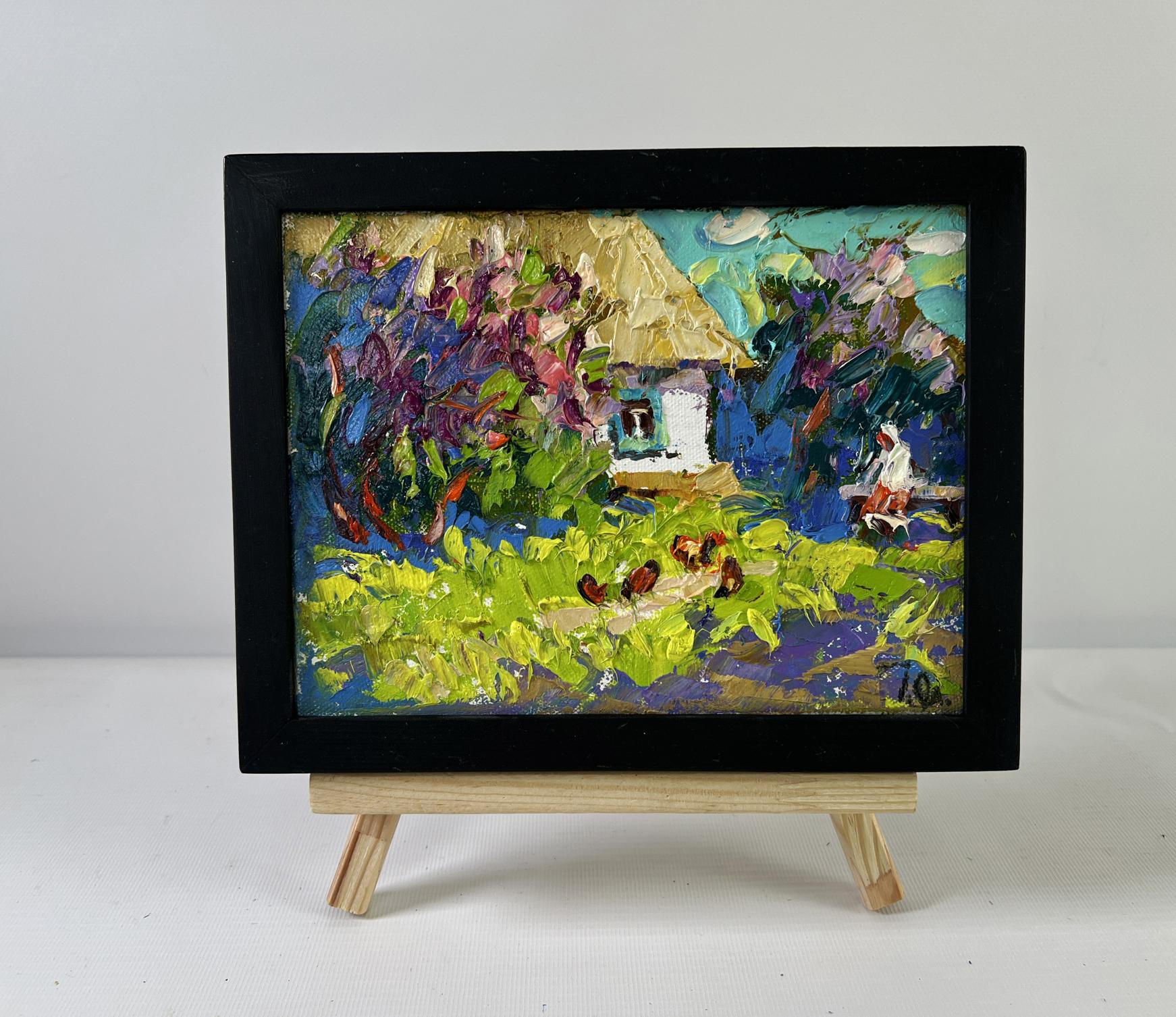Oil painting When Gardens Bloom by Oleksiy Ivanyuk in black frame