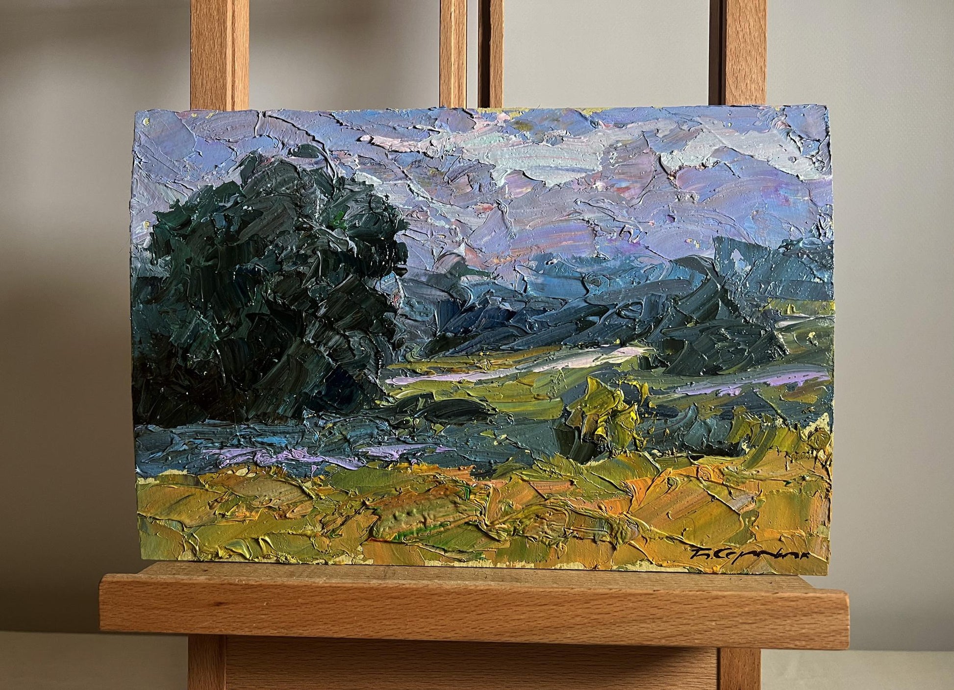 Oil painting Further away from the city by Boris Serdyuk, textured green landscape