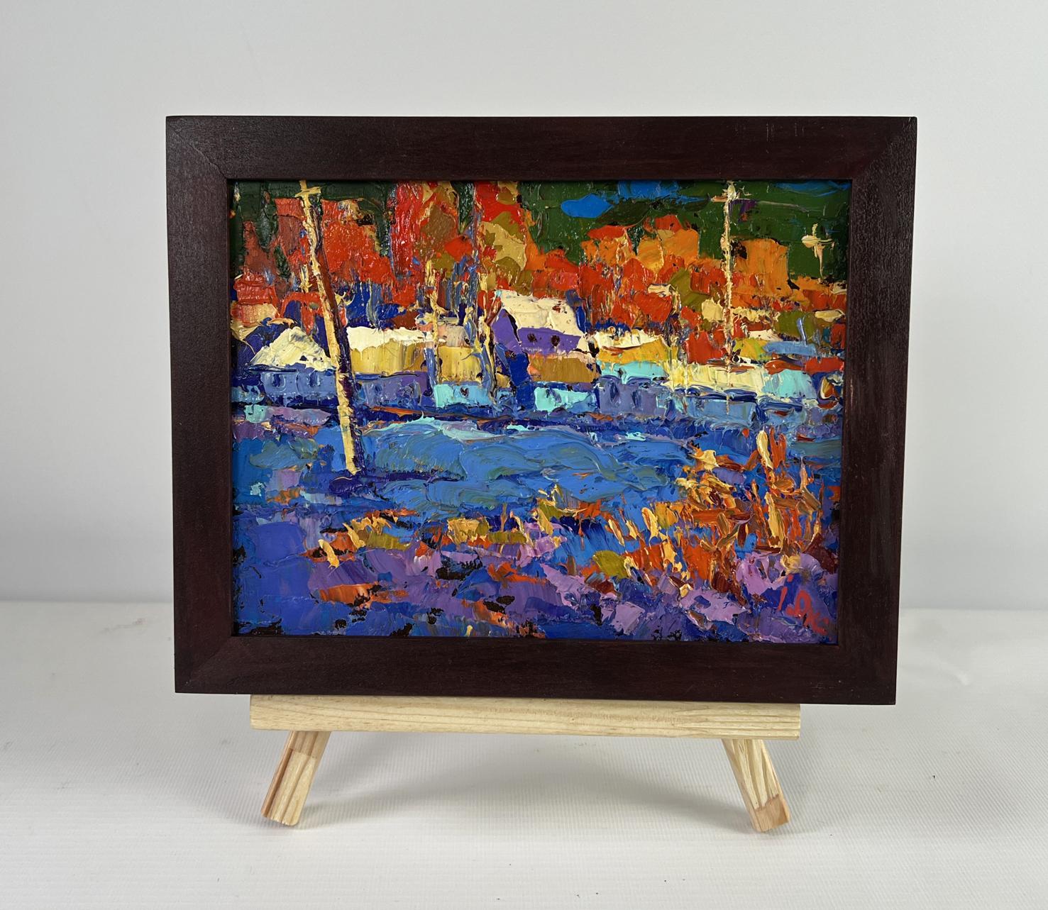 Oil painting The sun sets quietly in silence by Oleksiy Ivanyuk, vibrant autumn waterfront sunset