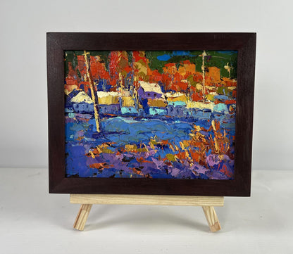 Oil painting The sun sets quietly in silence by Oleksiy Ivanyuk, vibrant autumn waterfront sunset
