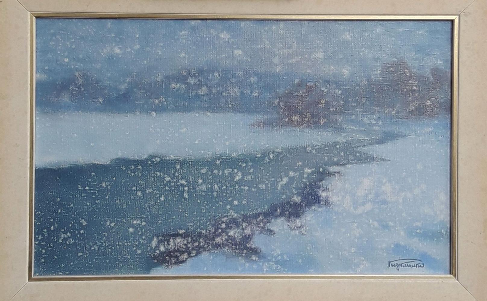 Framed Oil Painting A Snow Storm Has Begun by Vasily Korkishko snowy landscape