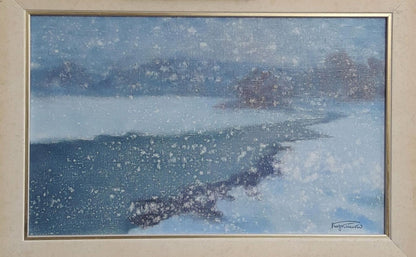 Framed Oil Painting A Snow Storm Has Begun by Vasily Korkishko snowy landscape