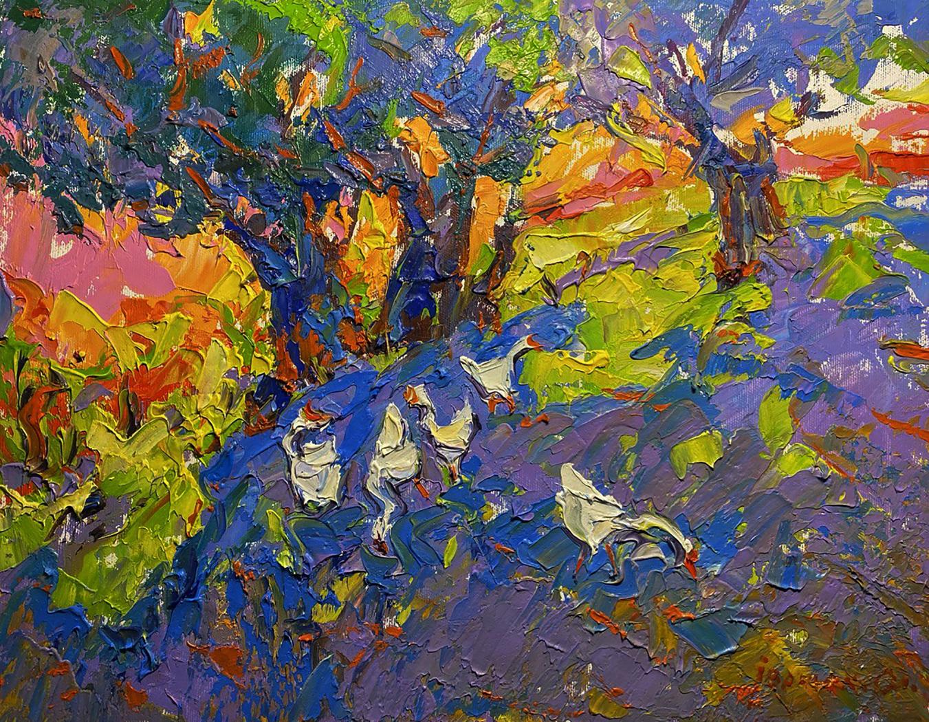 Vibrant impressionist oil painting of geese in willow shade by Oleksiy Ivanyuk