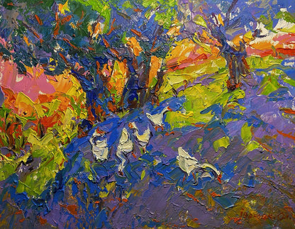 Vibrant impressionist oil painting of geese in willow shade by Oleksiy Ivanyuk
