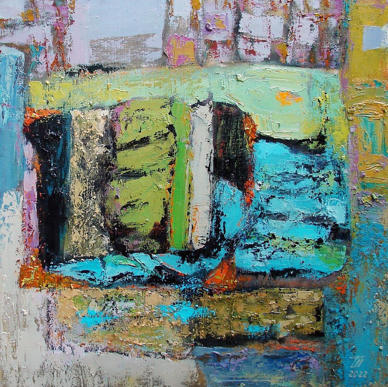 Oil painting Green summer by Tatyana Shulyak, abstract textured greens and blues