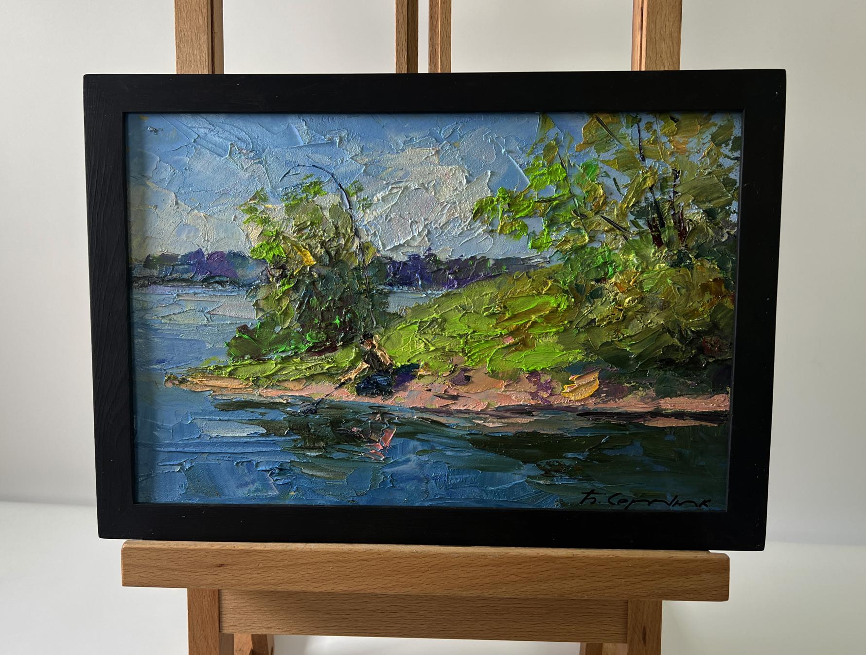 Oil painting Morning fishing by Boris Serdyuk serene river scene in black frame