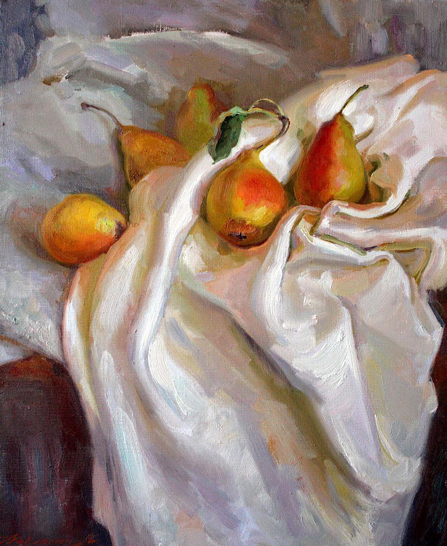 Oil painting of Grandma’s ripe yellow-orange pears by Leonid Pavlenko