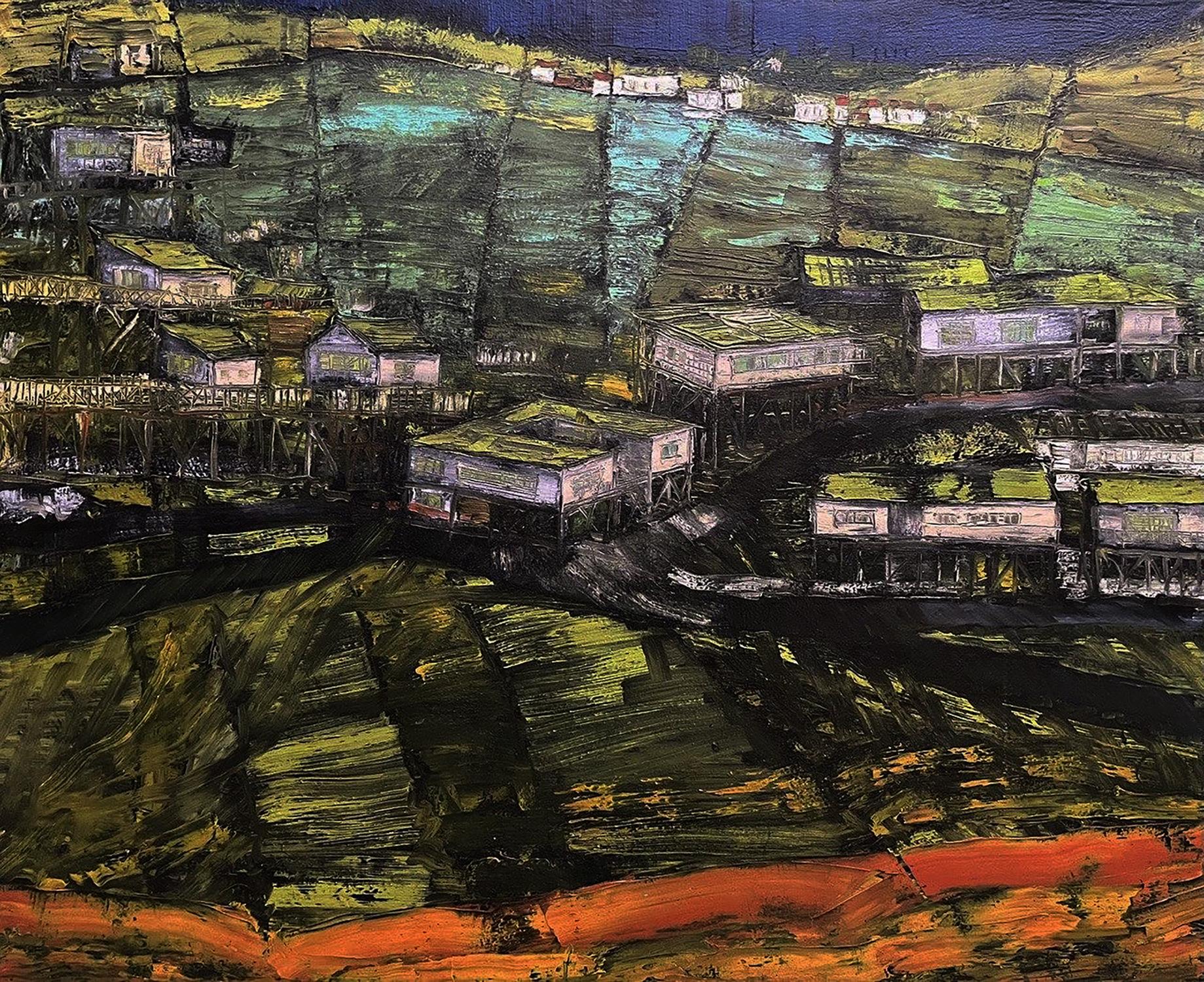 Oil painting by Serhiy Kovalev: village in green hills under dark sky