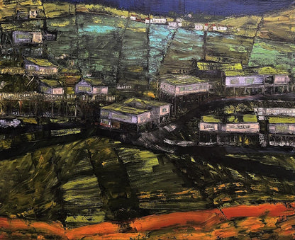 Oil painting by Serhiy Kovalev: village in green hills under dark sky