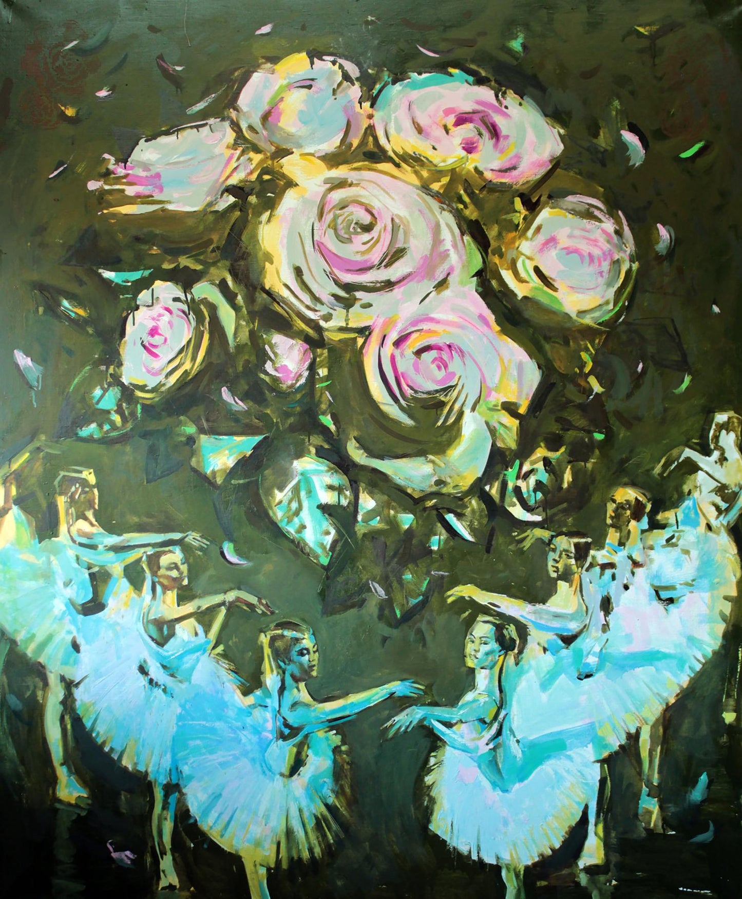 Oil painting Ovation Ed Potapenkov: pink yellow roses, blue tutu dancers