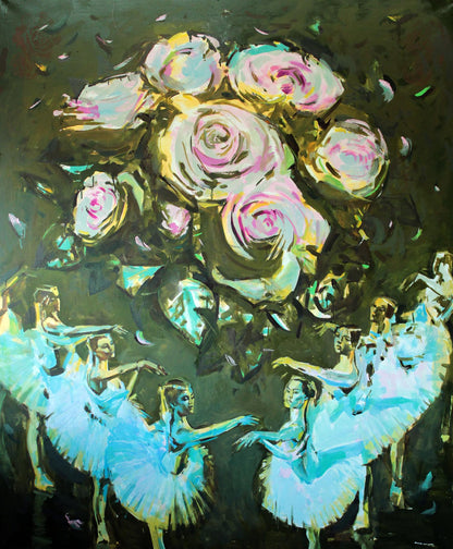 Oil painting Ovation Ed Potapenkov: pink yellow roses, blue tutu dancers