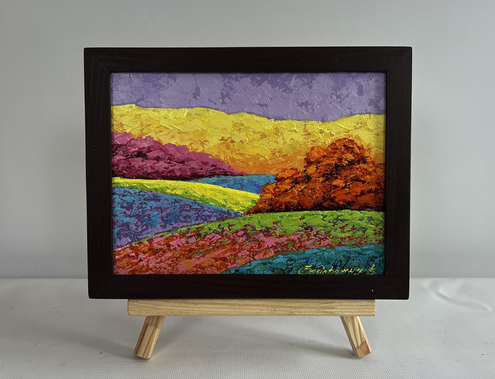 Oil painting Work in the autumn field V. Zadorozhnya vibrant hills purple sky framed