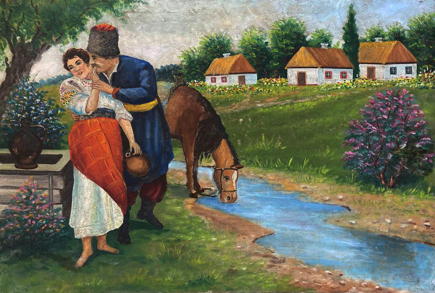 Rustic oil painting Days at the Well: couple by stream with horse, countryside backdrop