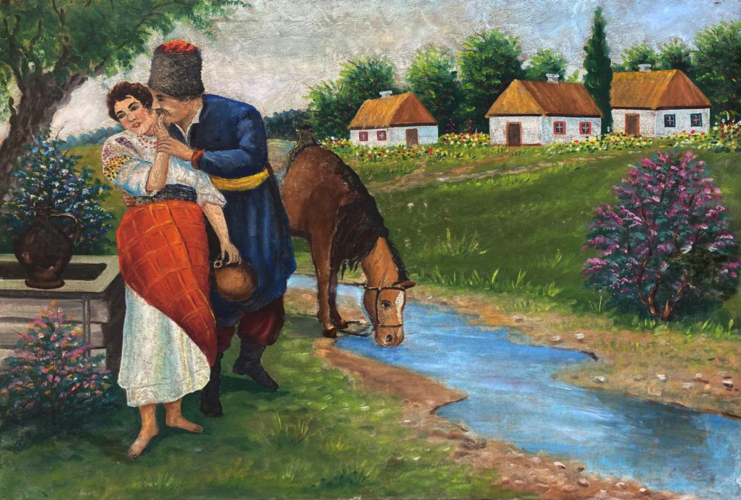 Rustic oil painting Days at the Well: couple by stream with horse, countryside backdrop