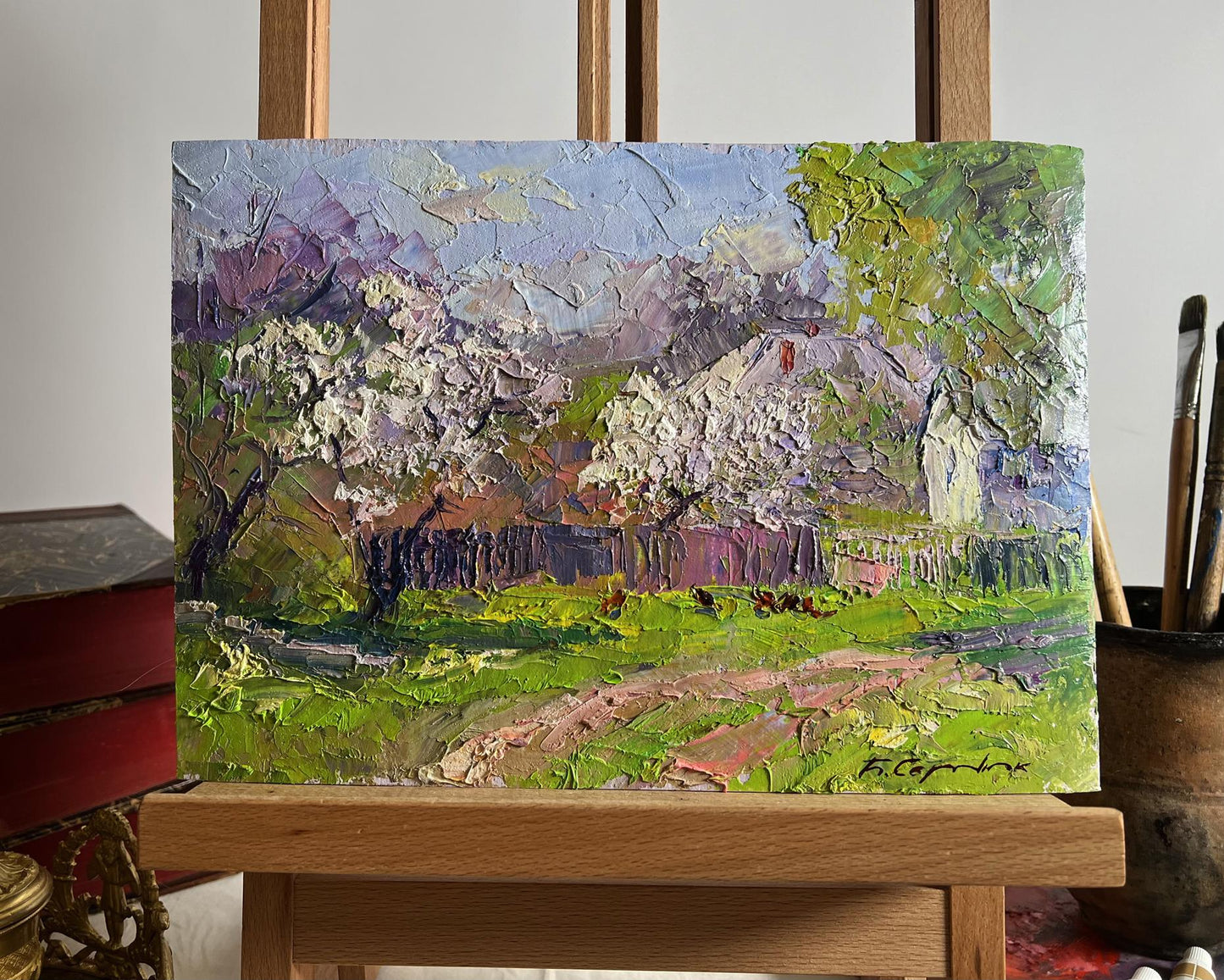 Oil painting Cherry blossoms by Boris Serdyuk pastoral scene