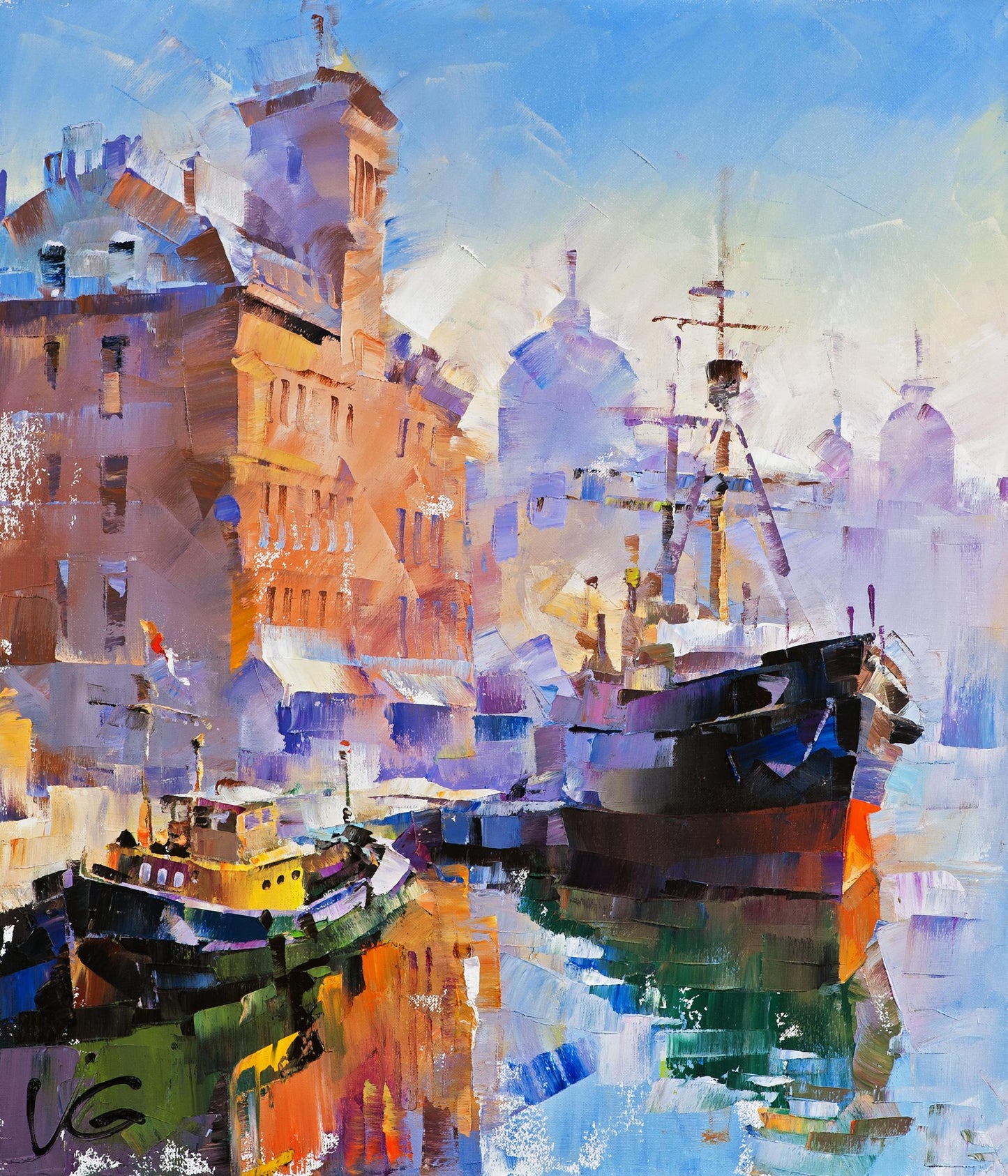 Vibrant impressionist harbor oil painting by Volodymyr Gluhomanyuk Bliss