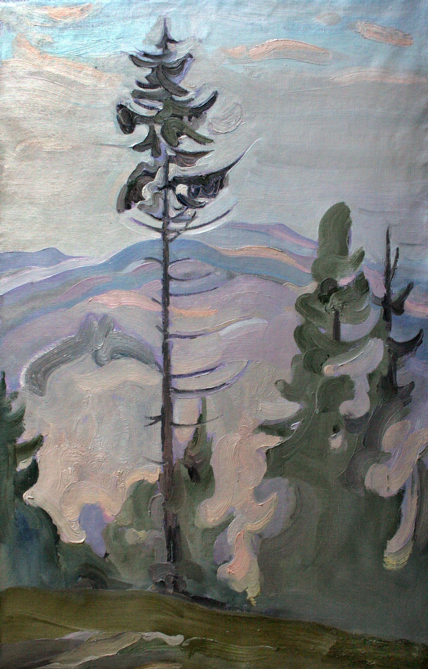 Oil painting Spruce by Leonid Pavlenko: tall evergreen in purple-blue mountains