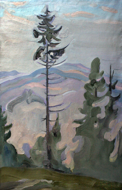 Oil painting Spruce by Leonid Pavlenko: tall evergreen in purple-blue mountains