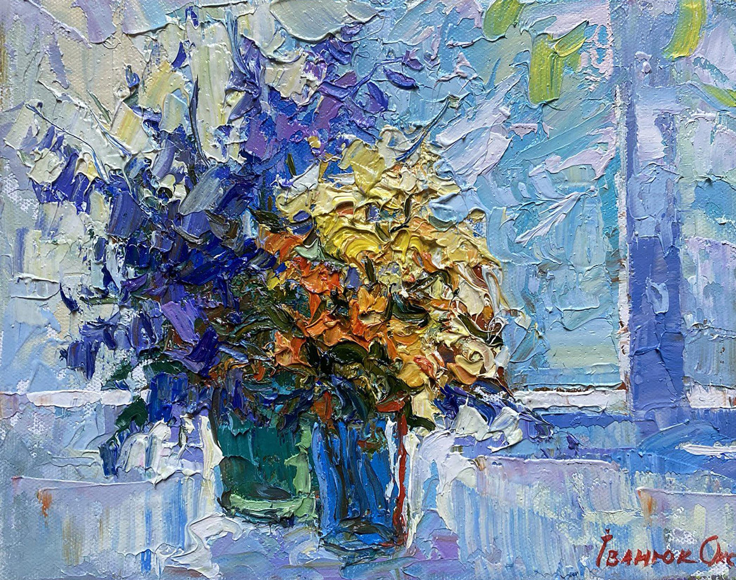 Oil painting Spring flowers by Oksana Ivanyuk in blue-green vase
