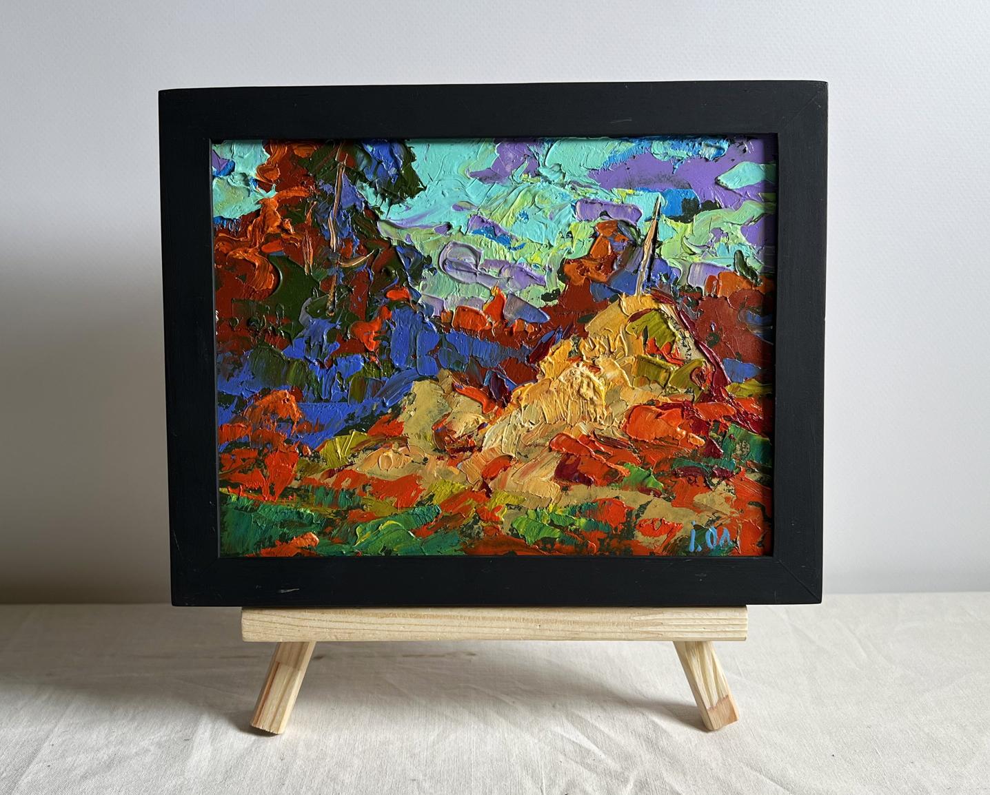 Oil painting Golden haystacks by Oleksiy Ivanyuk in black frame