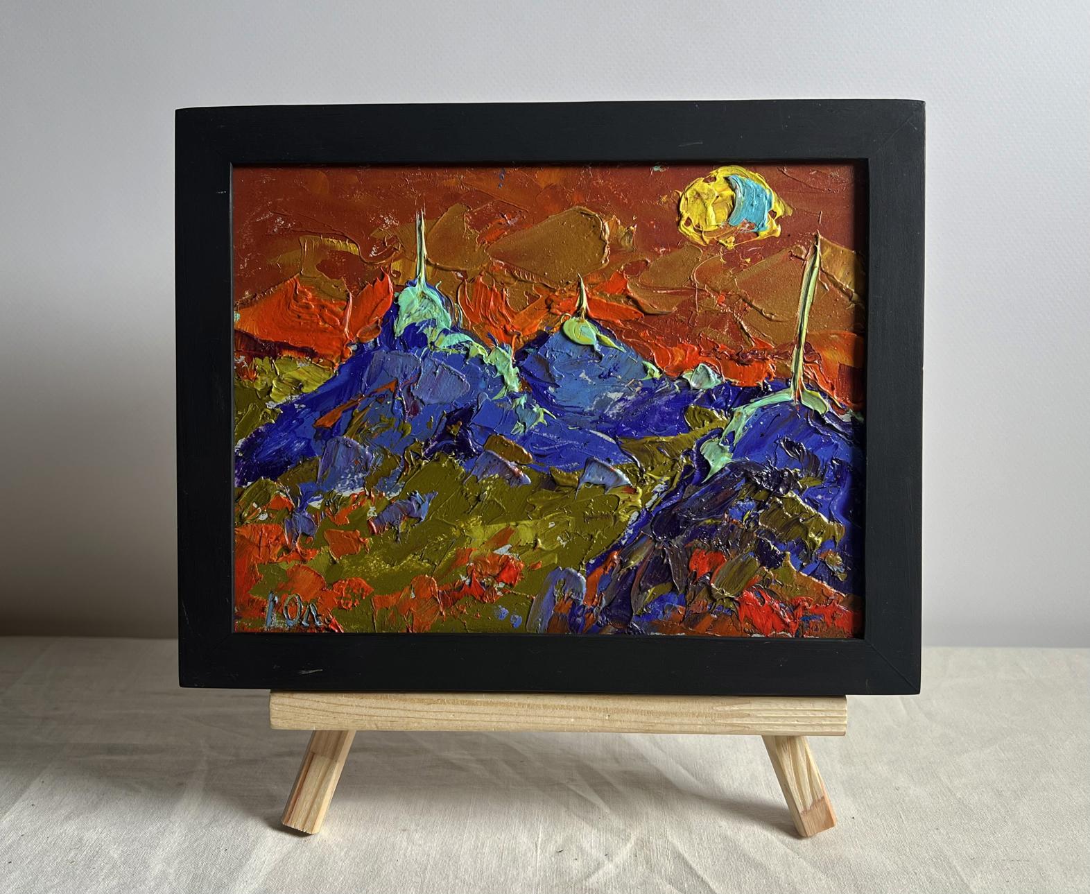 Oil painting Full moon in the field by Oleksiy Ivanyuk, vibrant mountain landscape