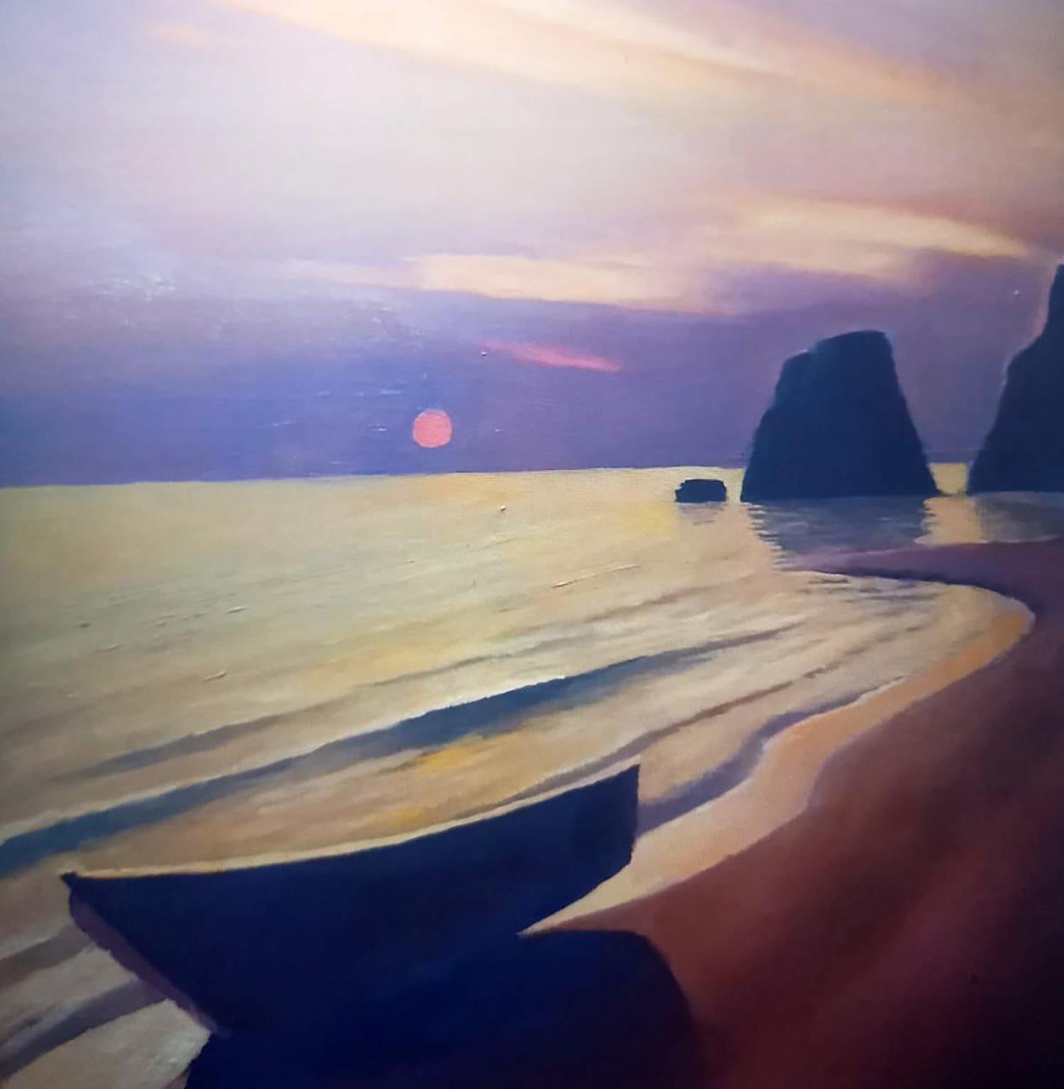 Oil painting Evening on the shore by Alexander Strashevich: rowboat on beach at sunset