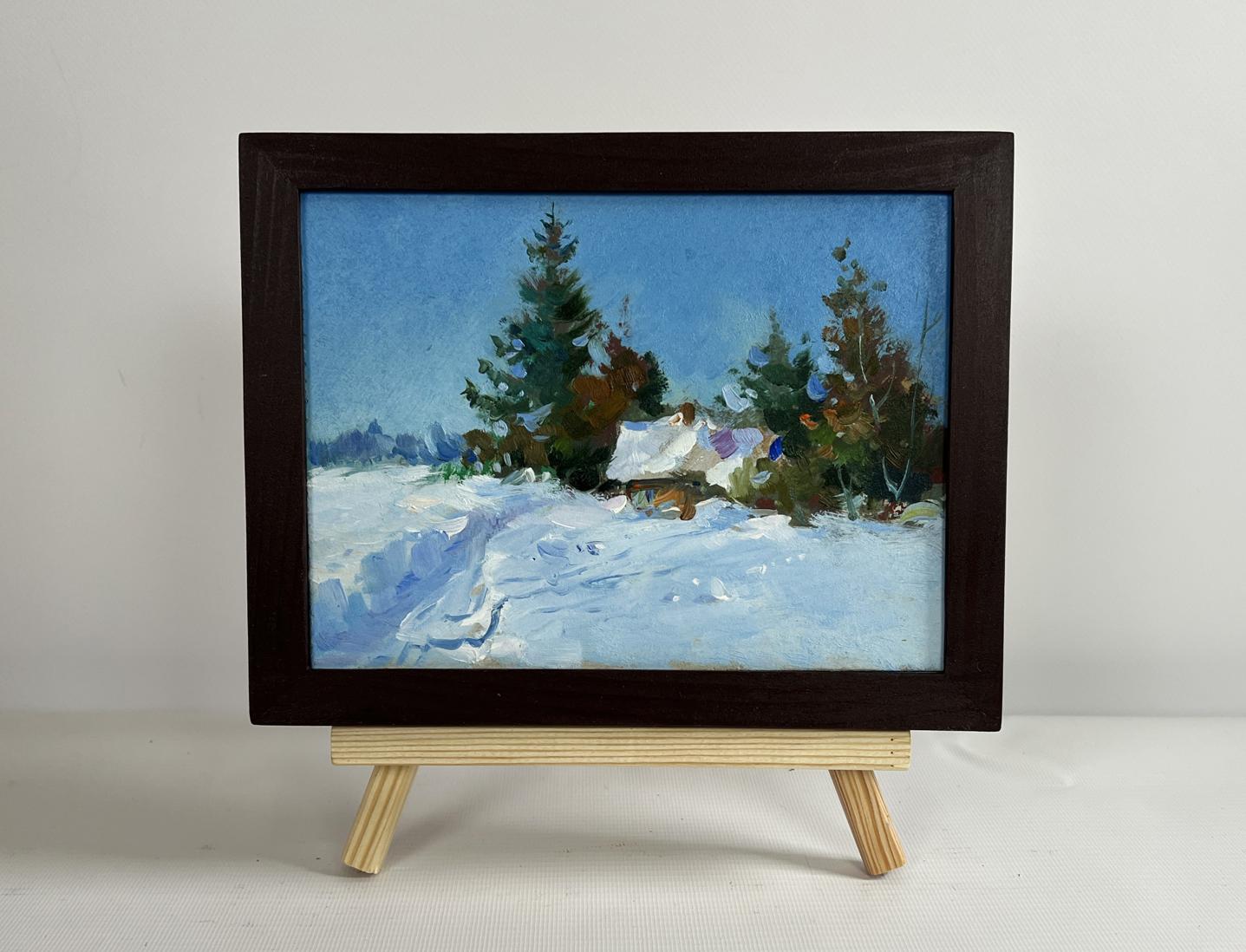 Oil painting House in the Snow by Yuriy Suprunchuk in dark wood frame