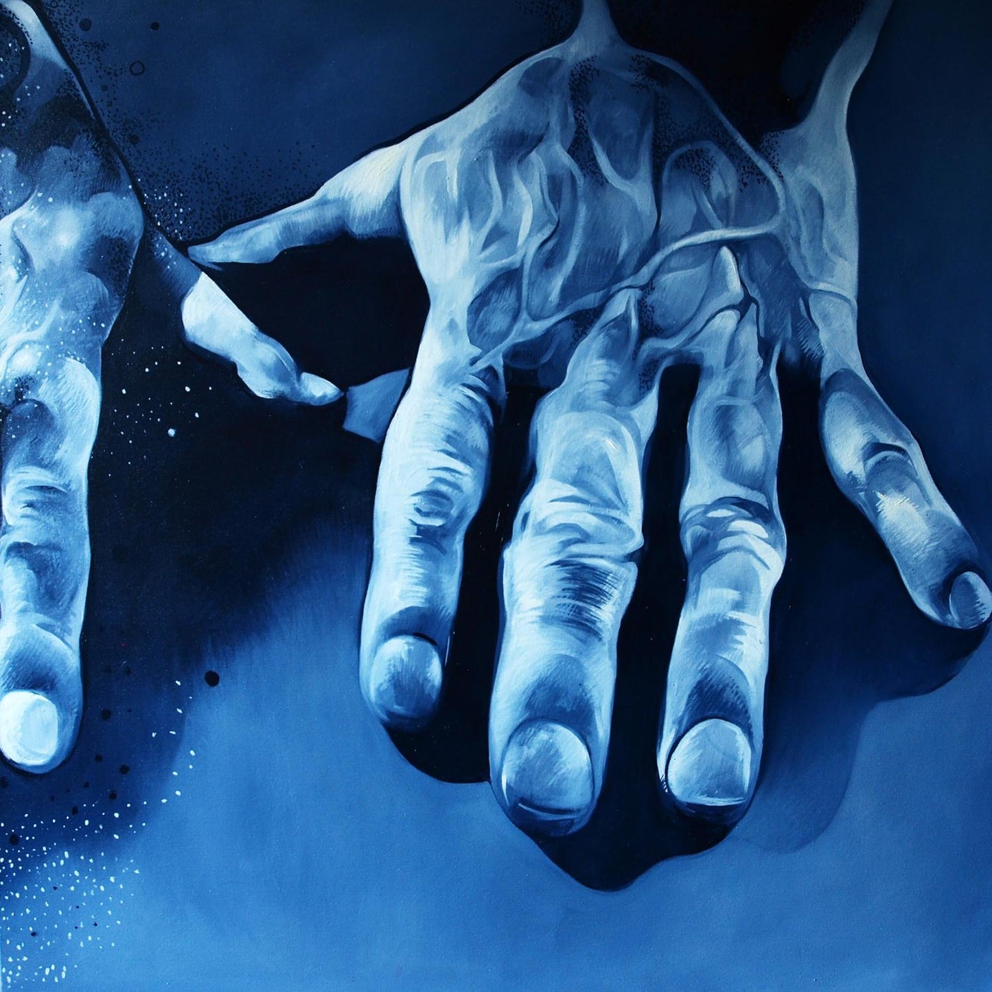Detailed blue-toned oil painting of strong arms by Konsta G. Amelinn