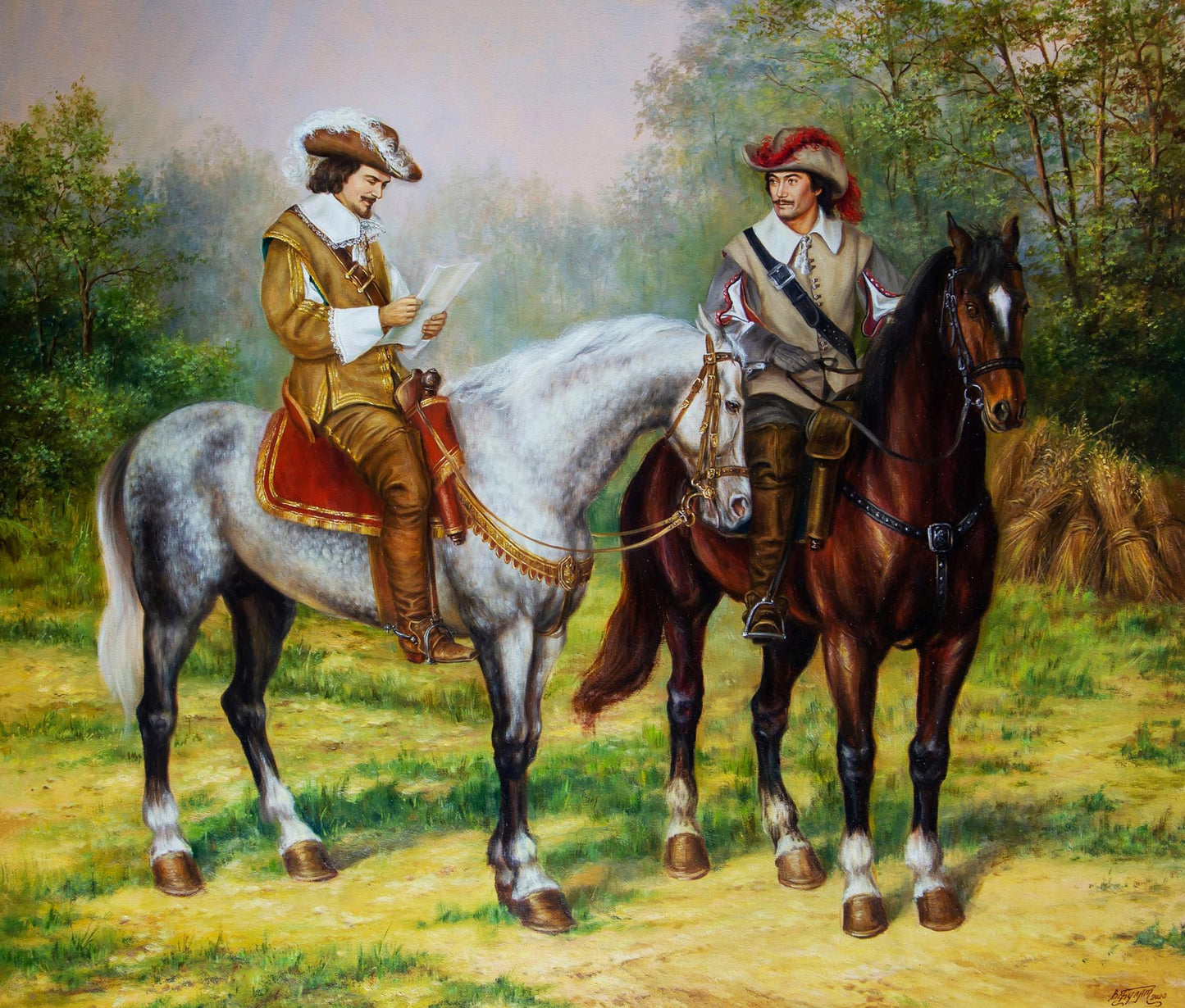 Oil painting Letter from the Queen by Valeriy Bulat, two mounted men on horseback