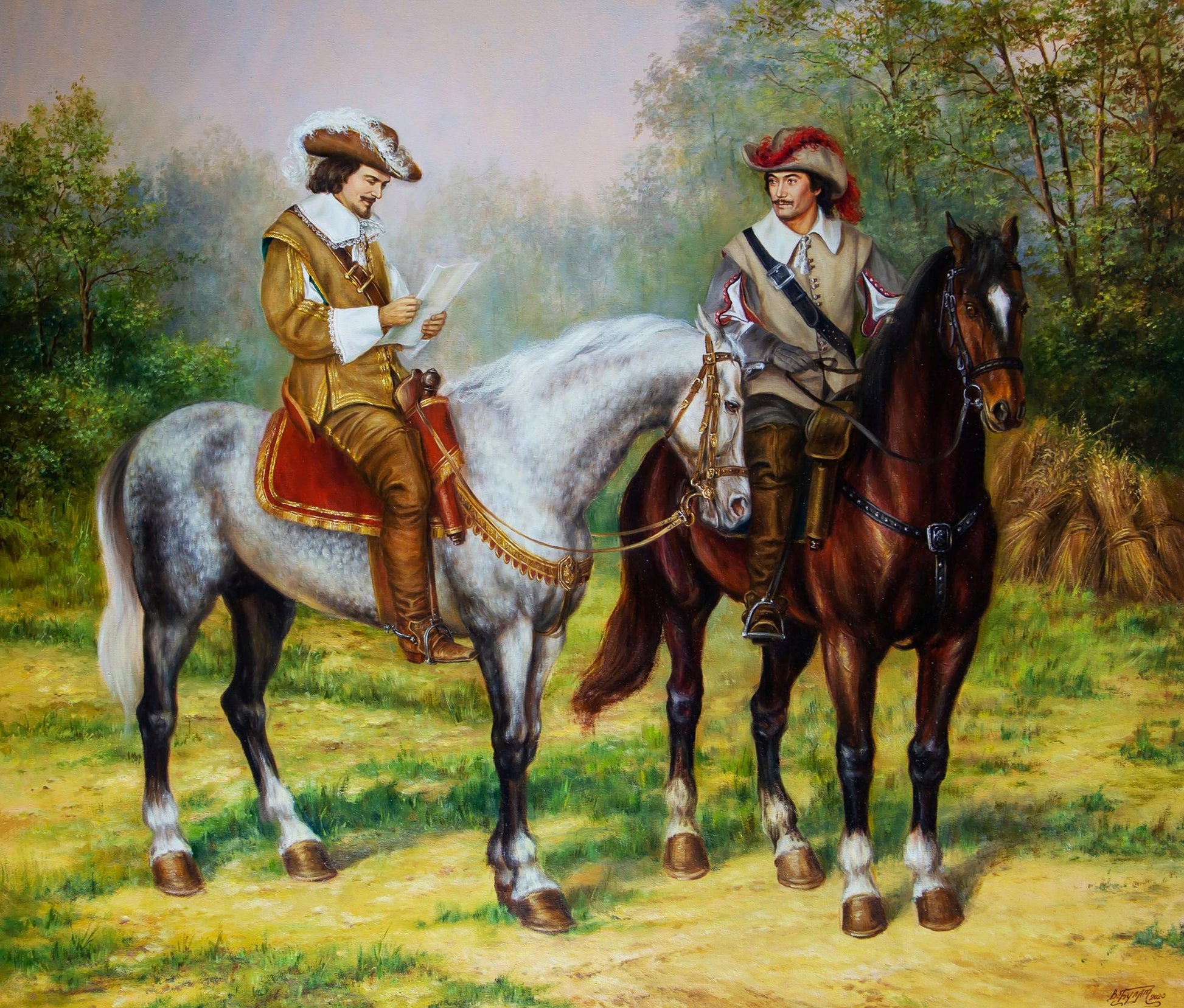 Oil painting Letter from the Queen by Valeriy Bulat, two mounted men on horseback