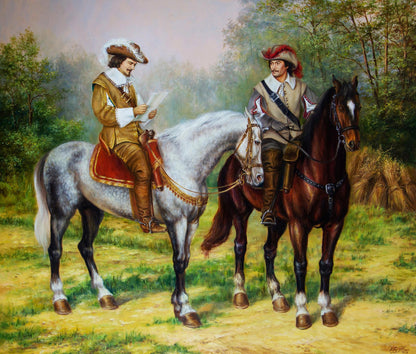 Oil painting Letter from the Queen by Valeriy Bulat, two mounted men on horseback