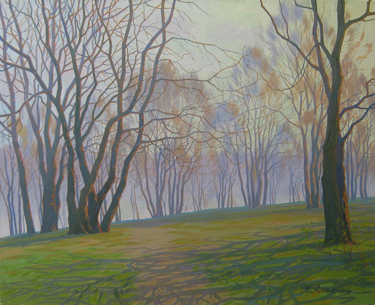 Serene impressionist oil painting of misty forest path by Valery Savenets